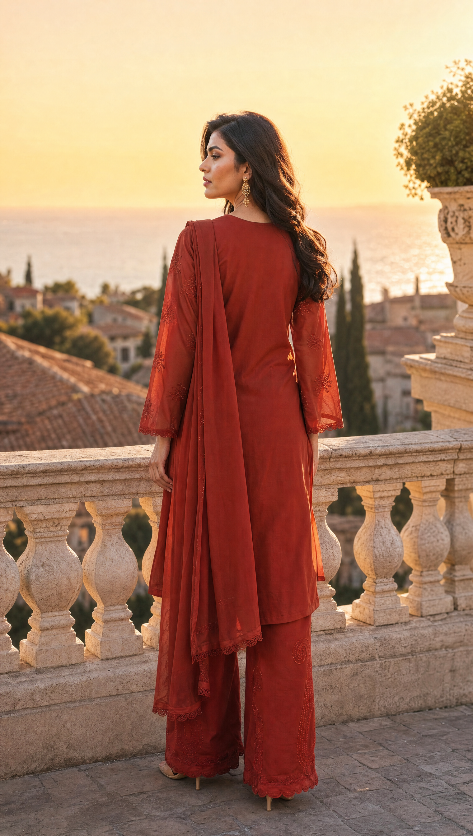 Red Rust embroidered georgette palazzo with matching dupatta