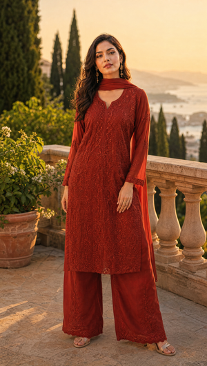 Red rust georgette chikankari kurta palazzo dupatta set for women front view