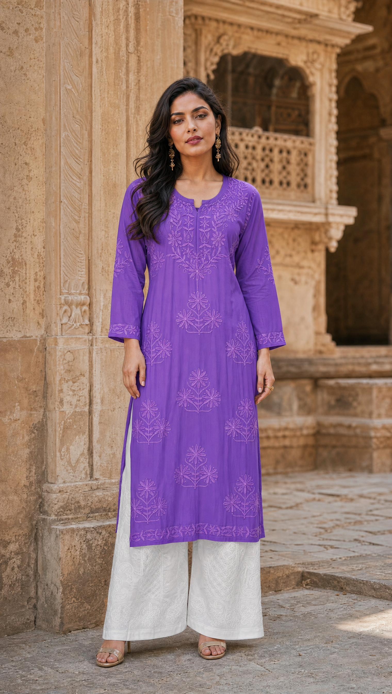 Purple Rayon Cotton Chikankari Kurta Palazzo 2-Piece Set for Women