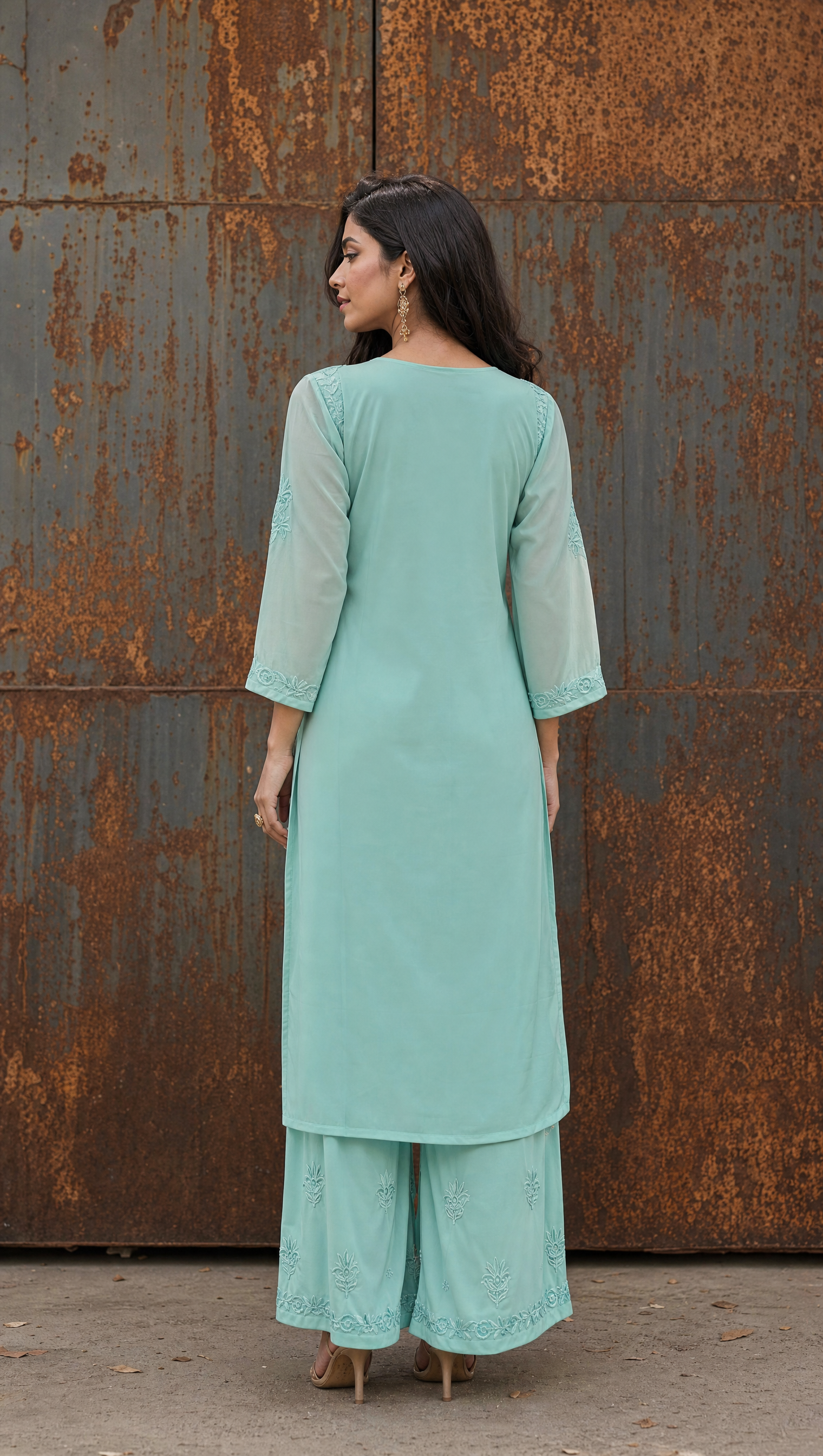 Aqua blue embroidered georgette palazzo with elasticated waistband