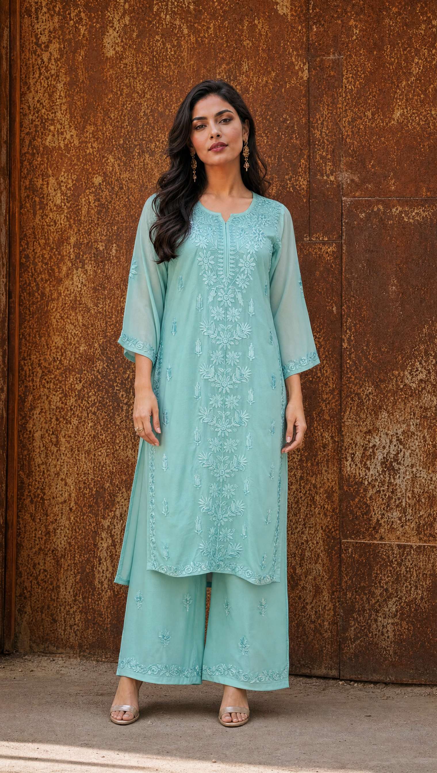 Aqua blue georgette chikankari kurta palazzo set for women front view