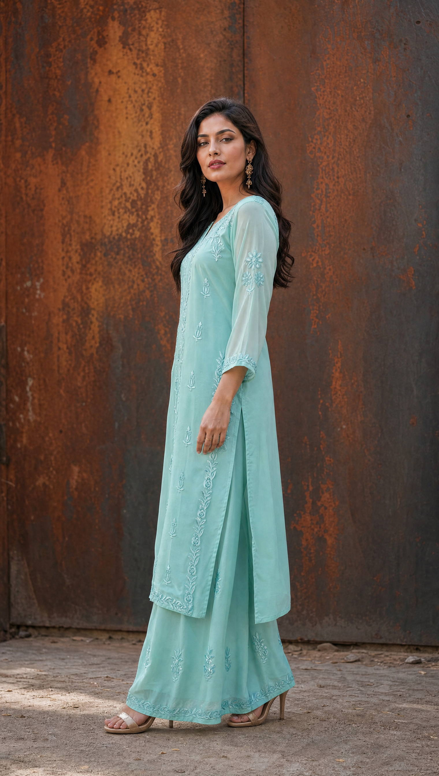 Aqua blue georgette chikankari kurta with 3/4 sleeves and floral embroidery