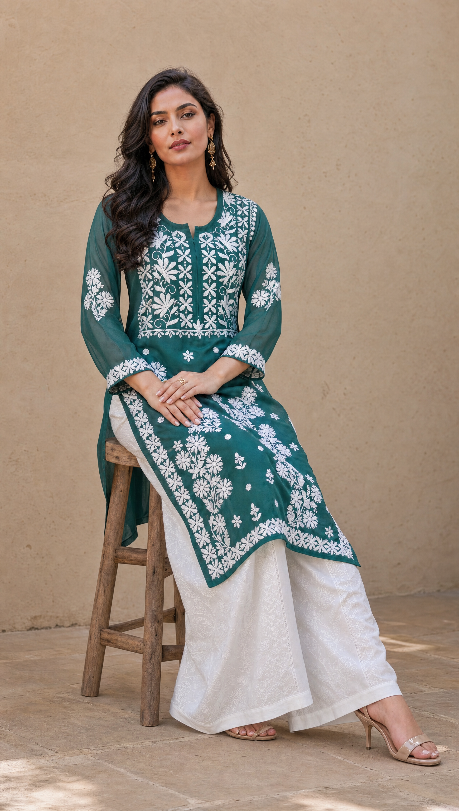 Teal green georgette kurta with floral chikankari embroidered yoke