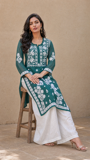 Teal green georgette kurta with floral chikankari embroidered yoke