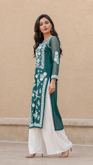 Teal green georgette chikankari kurta with 3/4 sleeves and embroidered border