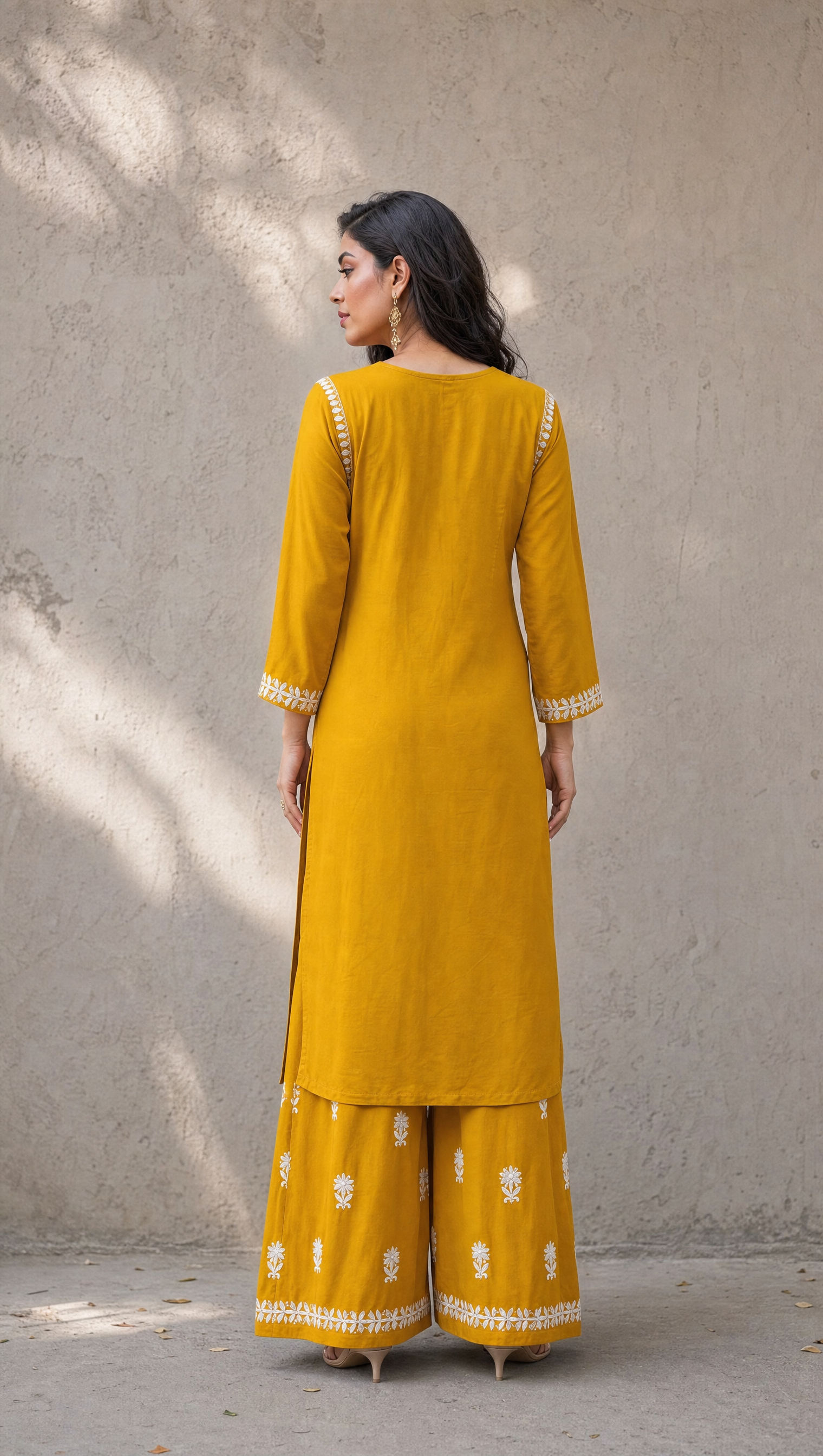 Mustard yellow rayon cotton chikankari kurta palazzo 2-piece set back view