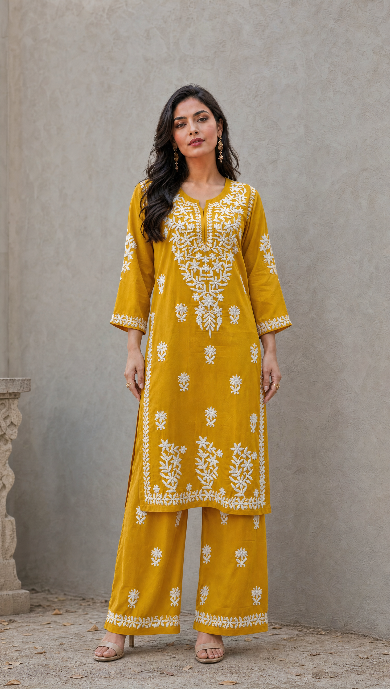 Mustard yellow rayon cotton chikankari kurta palazzo 2-piece set front view