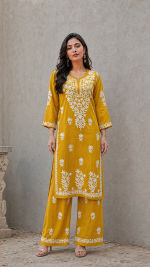 Mustard yellow rayon cotton chikankari kurta palazzo 2-piece set front view
