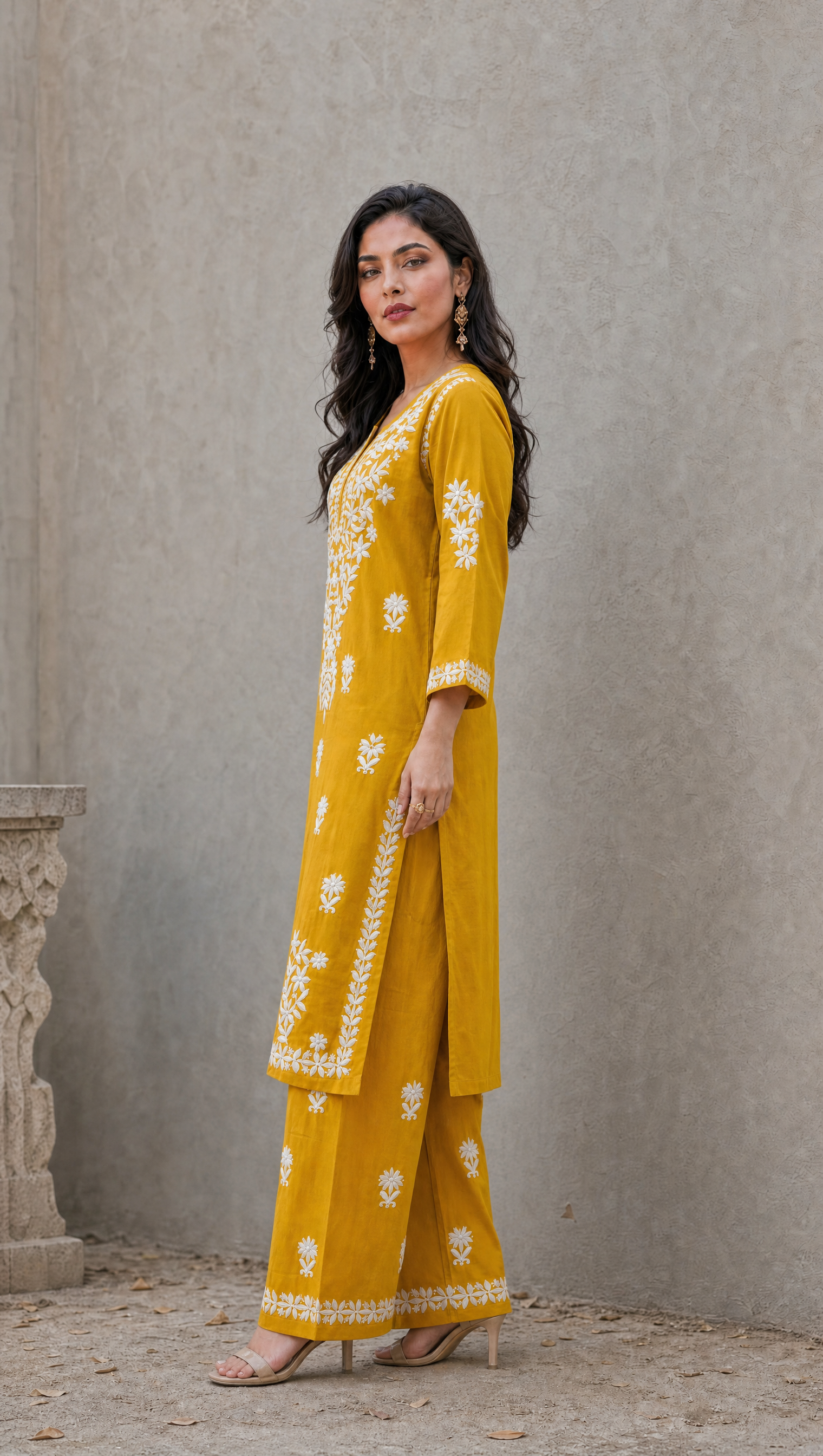 Mustard yellow rayon cotton chikankari kurta palazzo 2-piece set side view