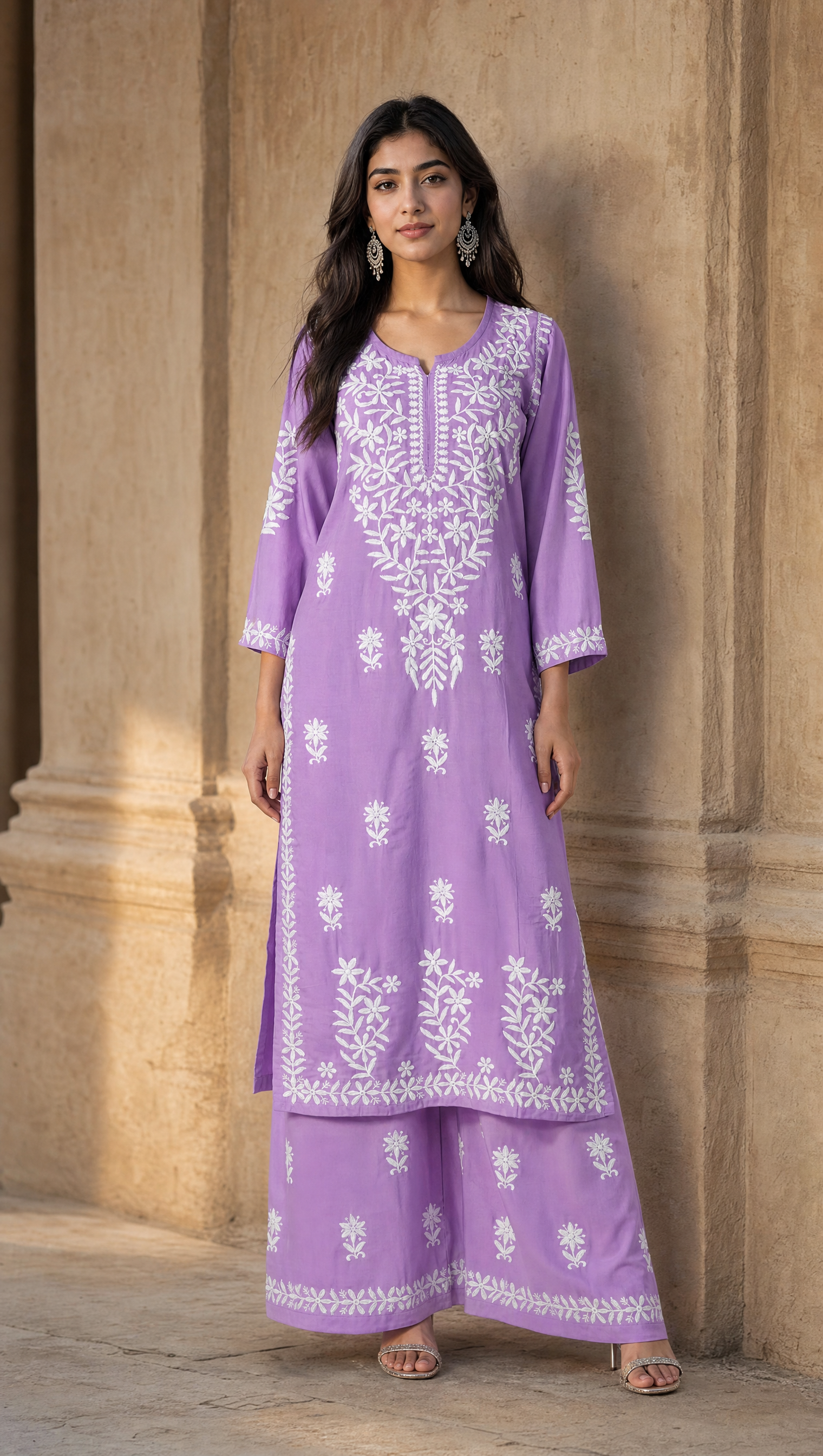 Purple rayon cotton chikankari kurta palazzo set for women front view