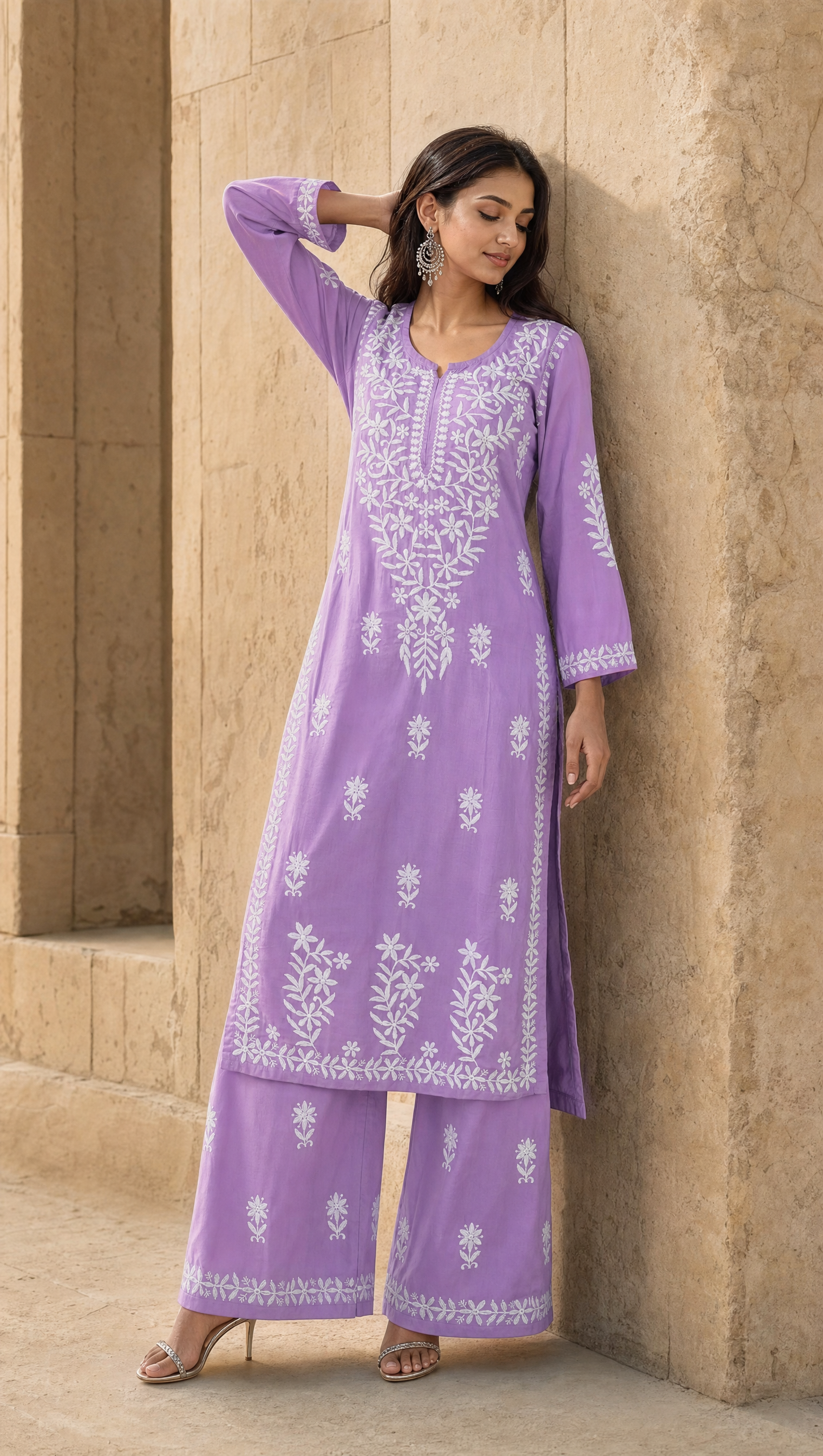 Purple rayon cotton kurta with floral chikankari embroidered yoke