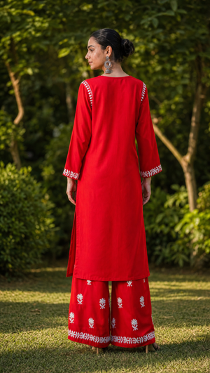 Red rayon cotton embroidered palazzo with floral chikankari motifs