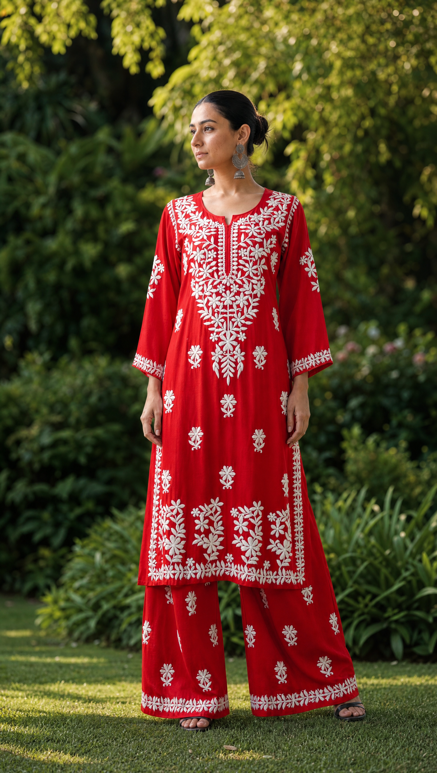 Red rayon cotton chikankari kurta palazzo set for women front view