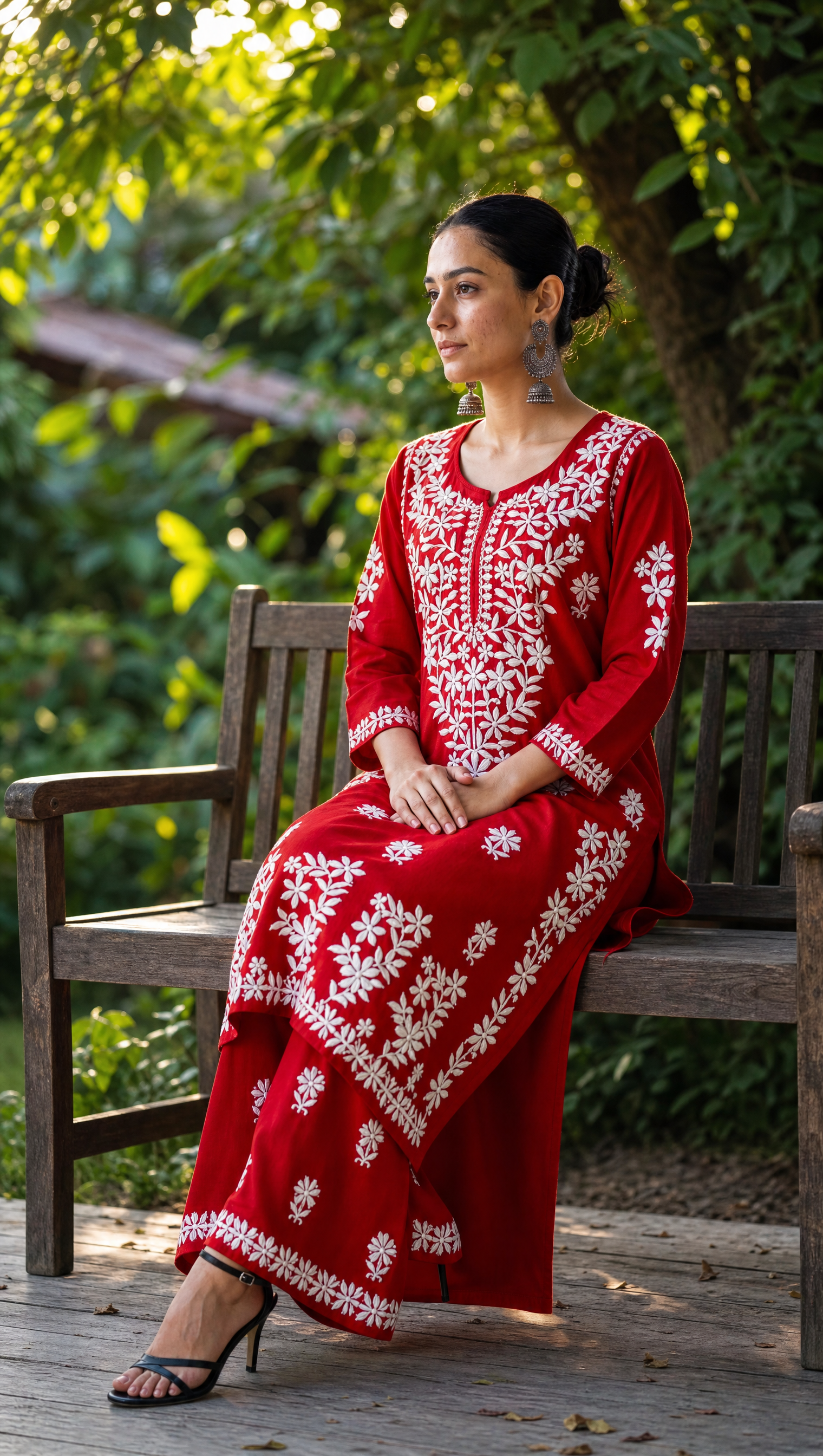 Red rayon cotton embroidered palazzo with floral chikankari motifs
