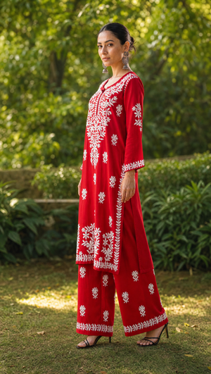 Red rayon cotton kurta with floral chikankari embroidered yoke