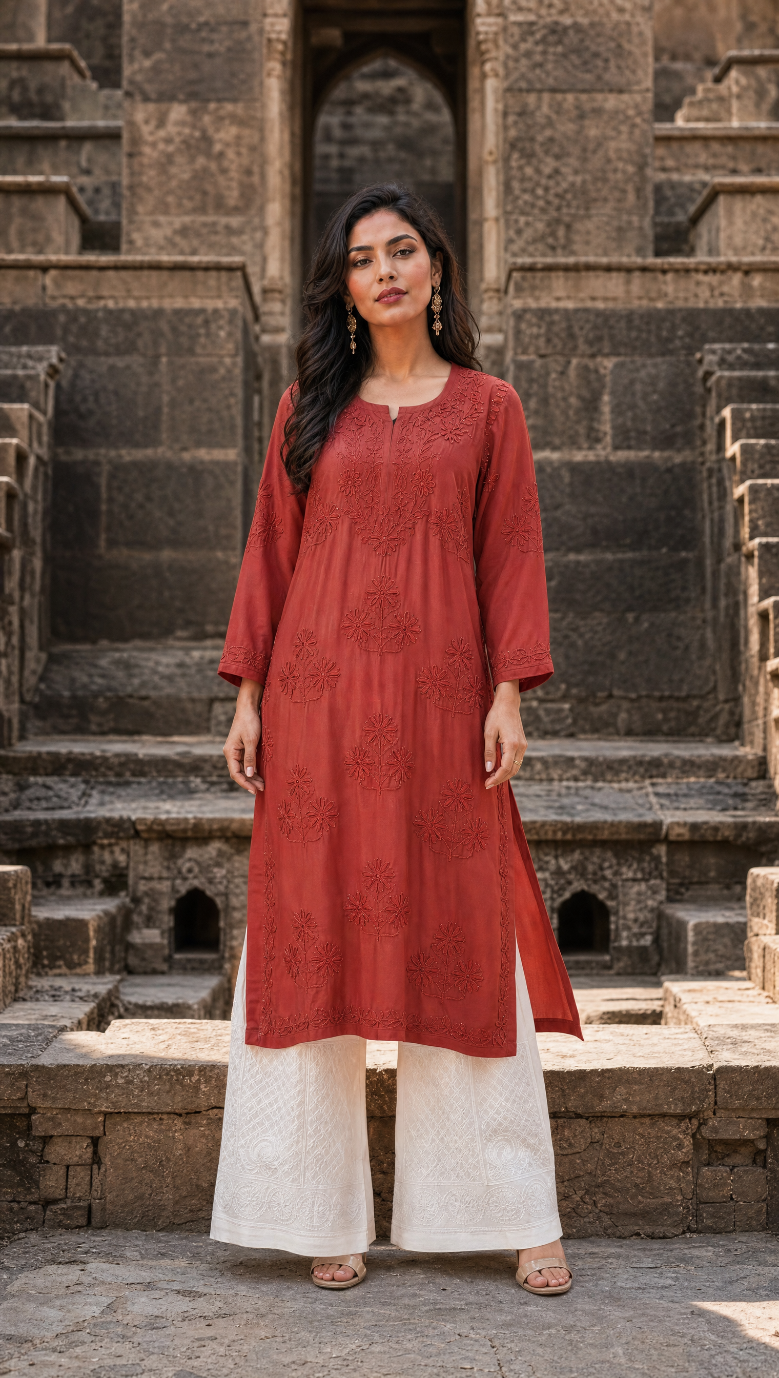 Brown rayon cotton chikankari kurta palazzo 2-piece set front view