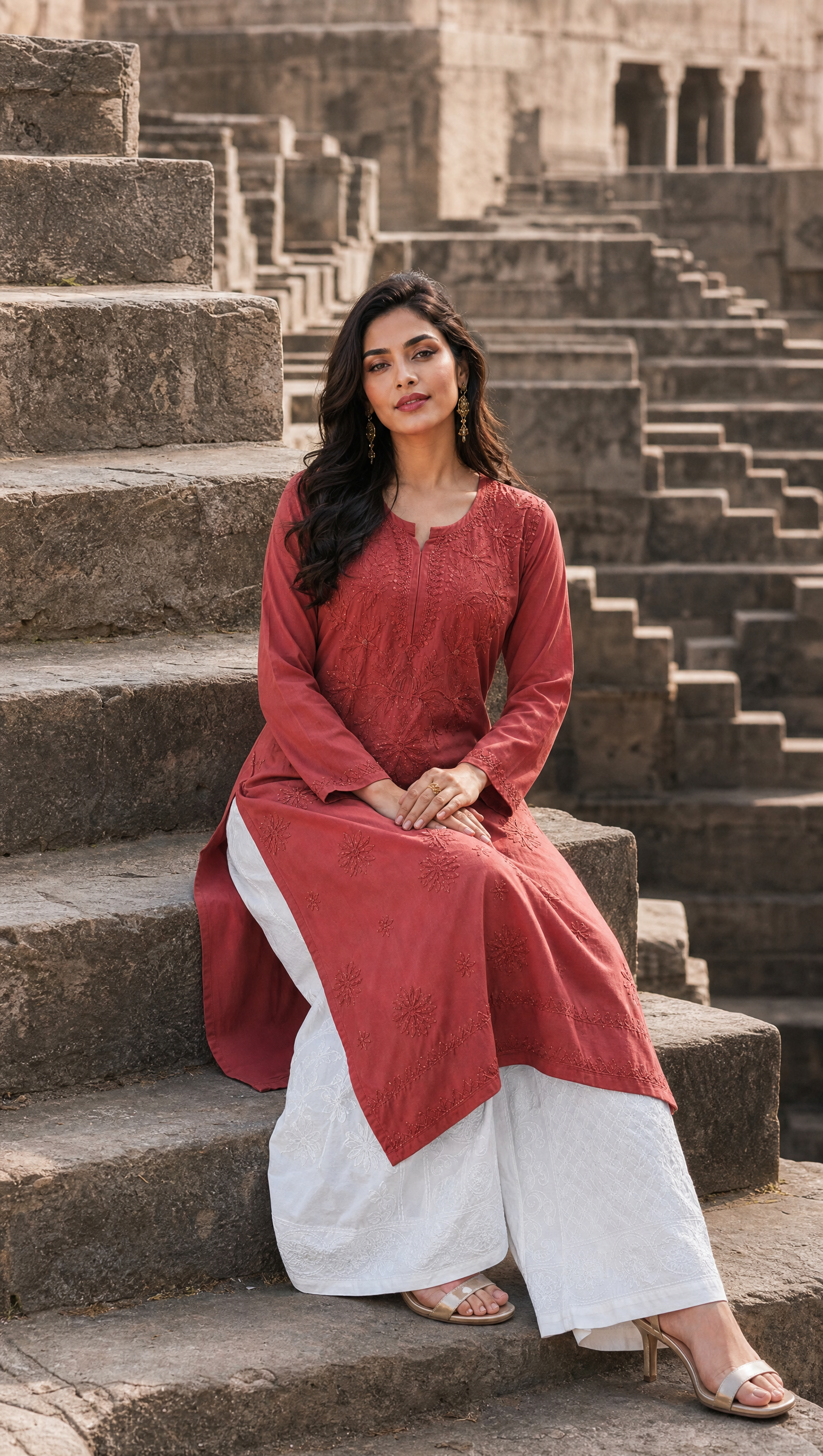 Brown rayon cotton chikankari kurta palazzo 2-piece set sitting pose