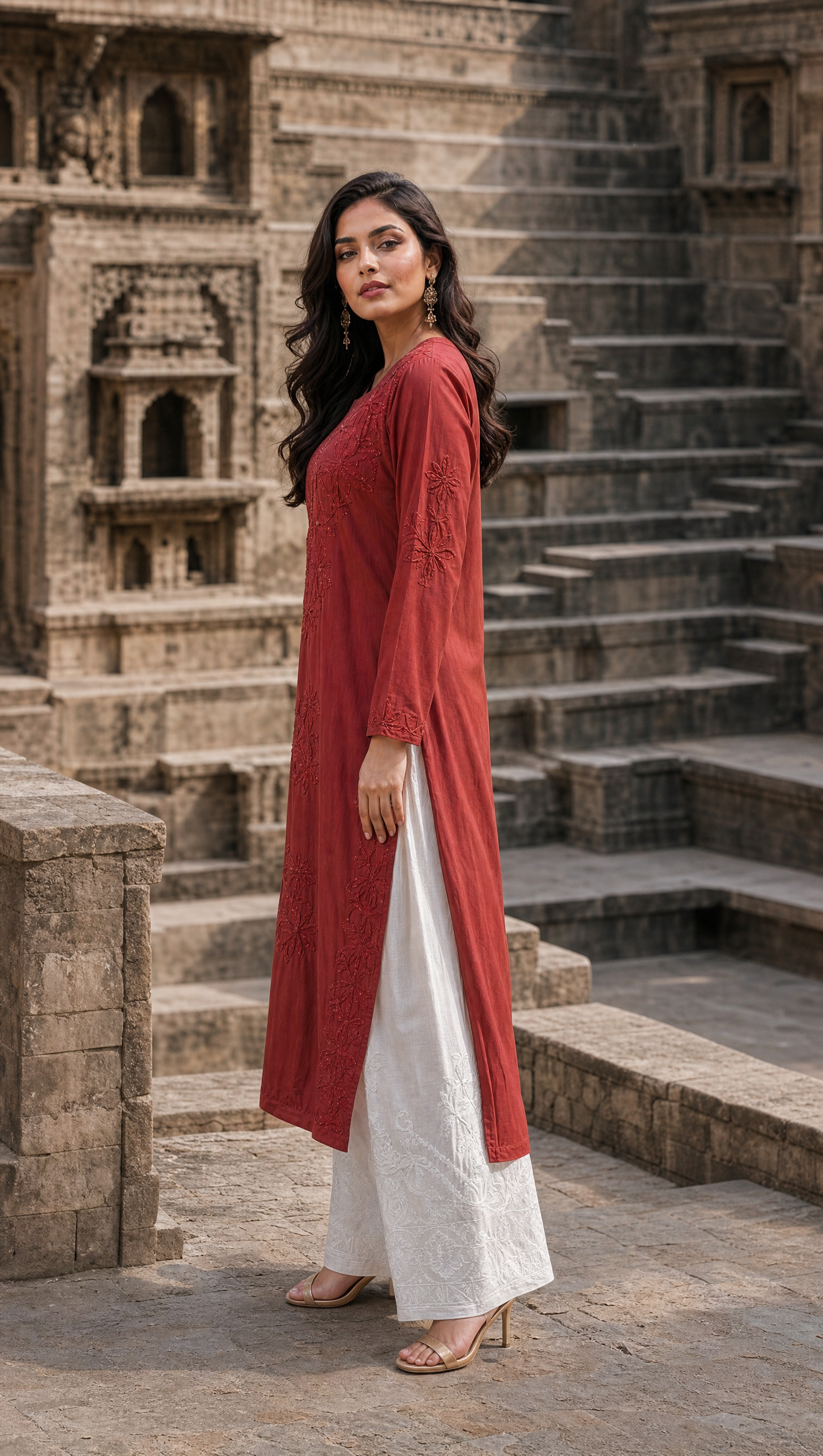 Brown rayon cotton chikankari kurta palazzo 2-piece set side view
