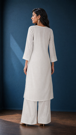 White rayon cotton embroidered palazzo with elasticated waistband