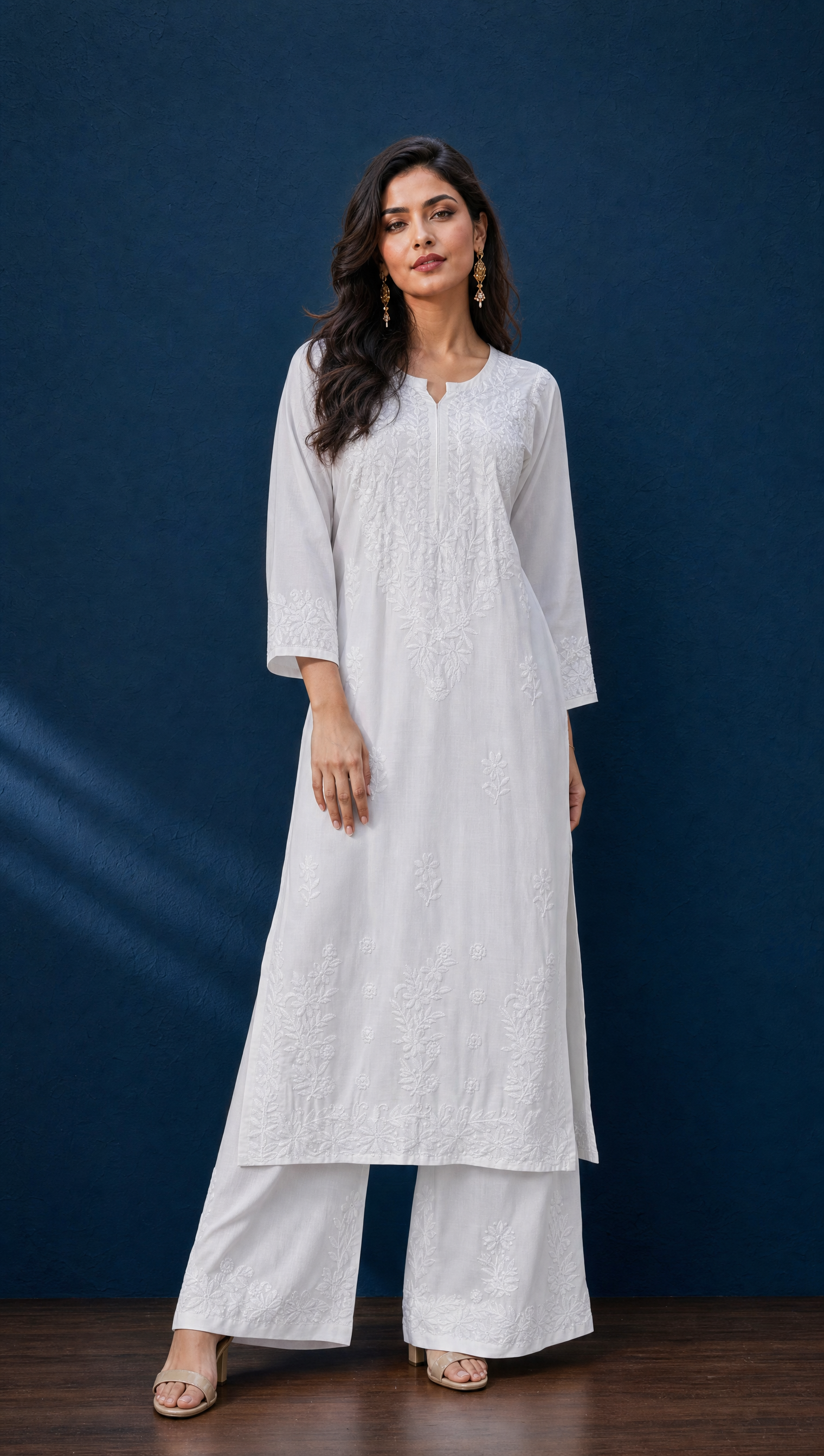 White rayon cotton chikankari kurta palazzo set for women front view