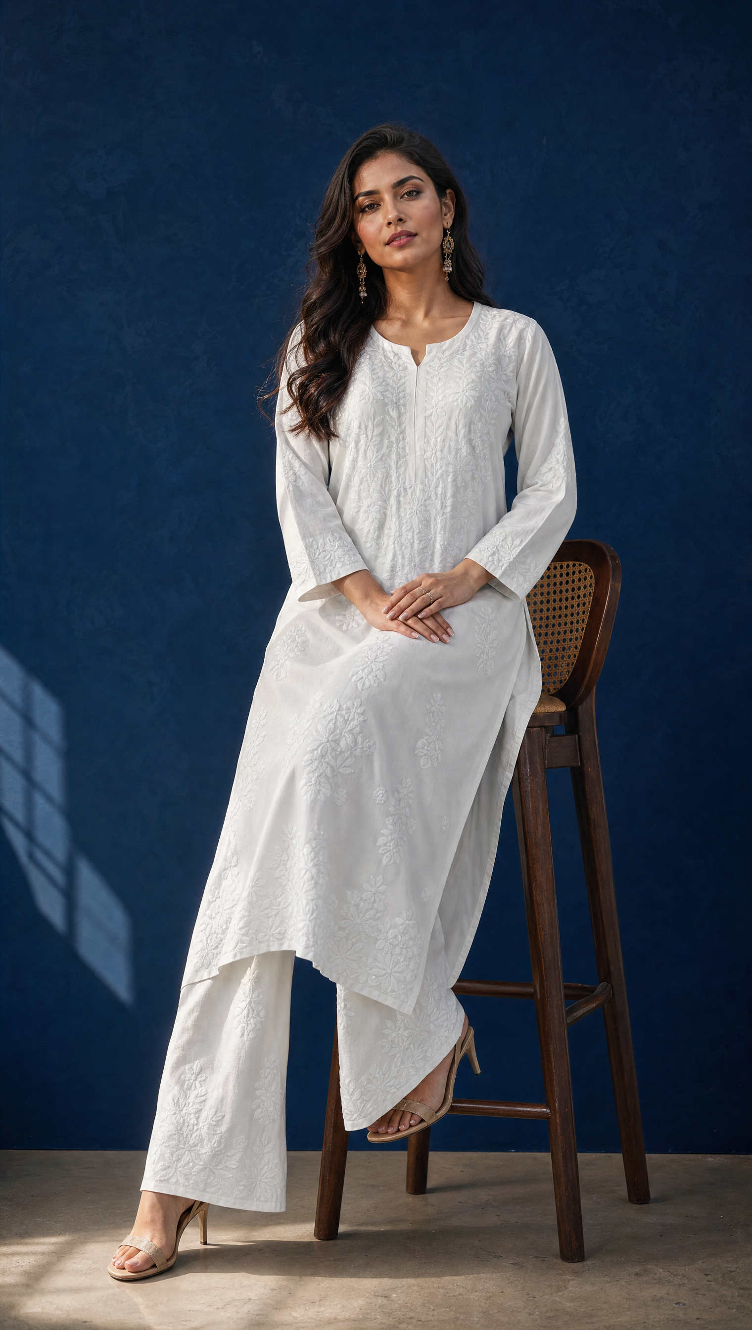 White rayon cotton kurta with floral chikankari embroidered yoke