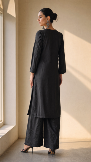 Black rayon cotton embroidered palazzo with elasticated waistband