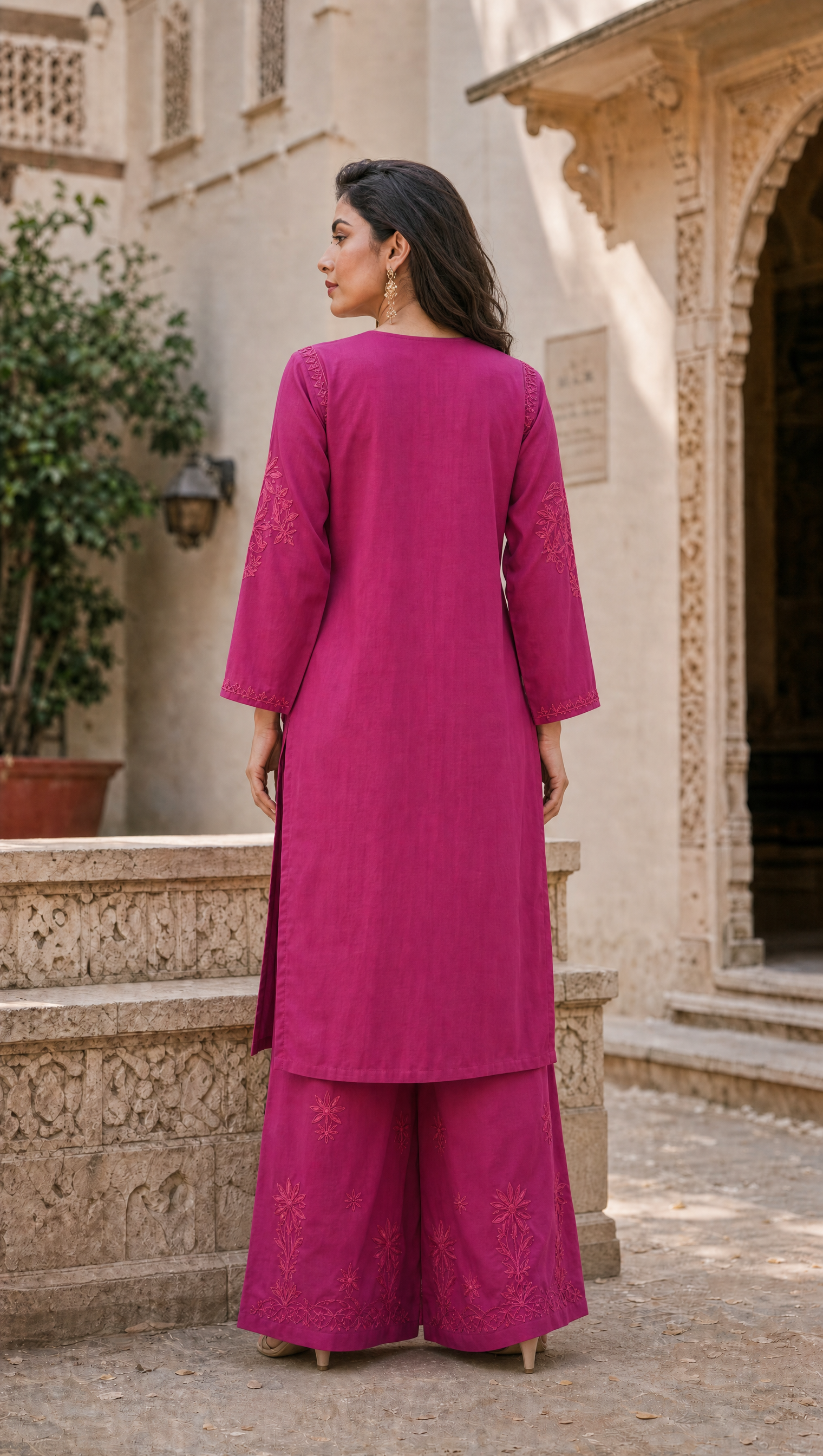 Rani pink rayon cotton embroidered palazzo with elasticated waistband