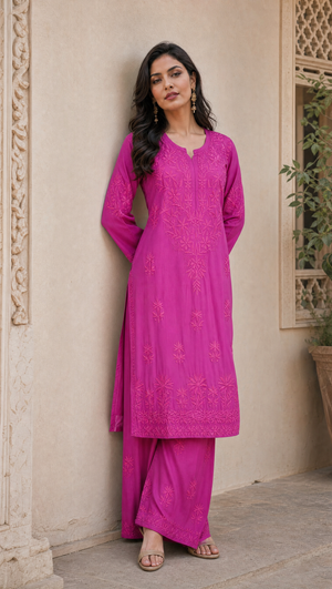 Rani pink rayon cotton kurta with floral chikankari embroidered yoke