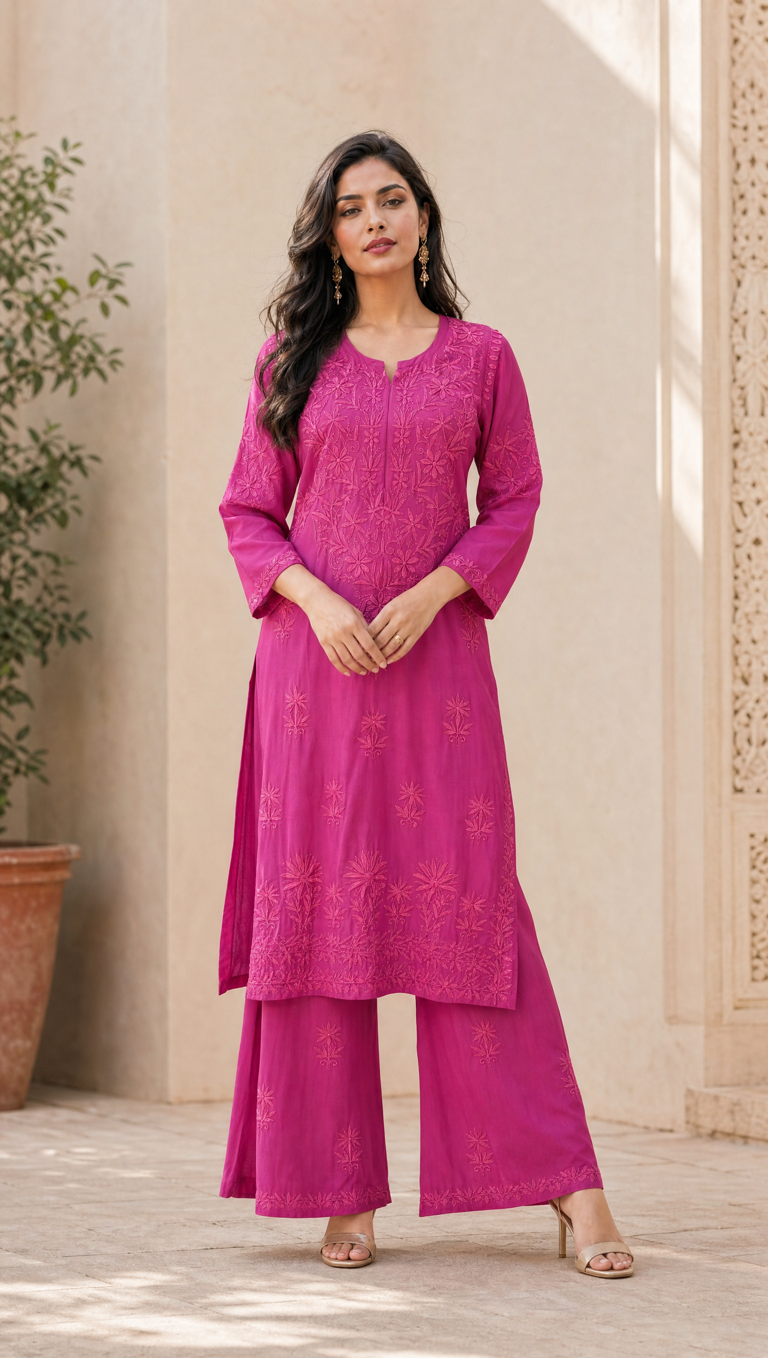 Rani pink rayon cotton chikankari kurta palazzo set for women front view
