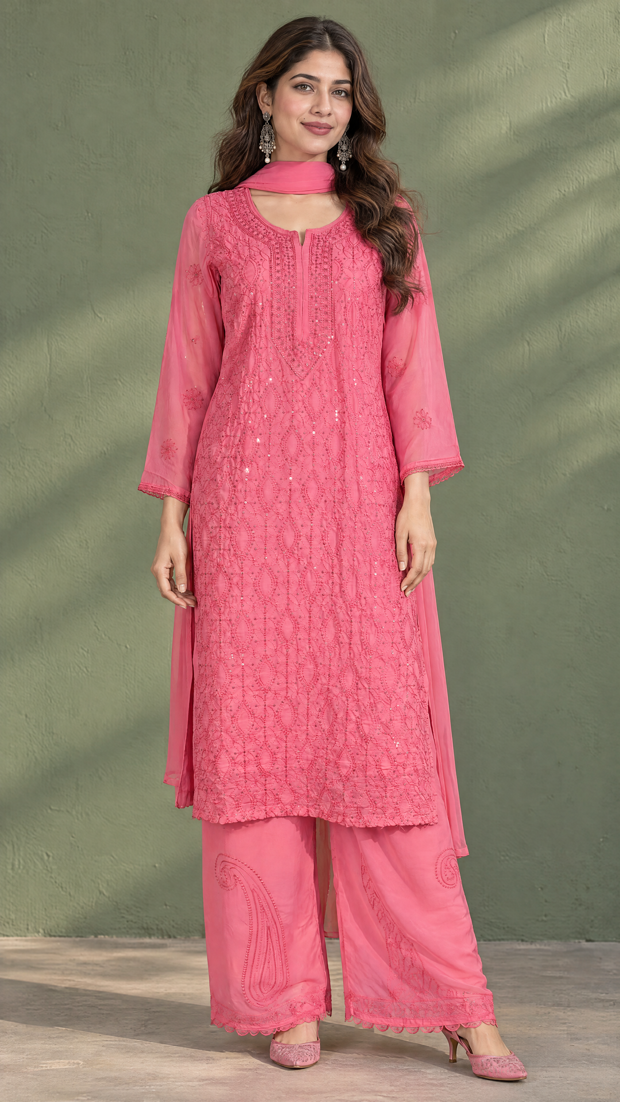 Green Georgette Chikankari Kurta Palazzo Dupatta Set for Women