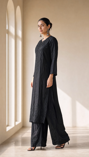 Black chikankari kurta with 3/4 sleeves and embroidered border
