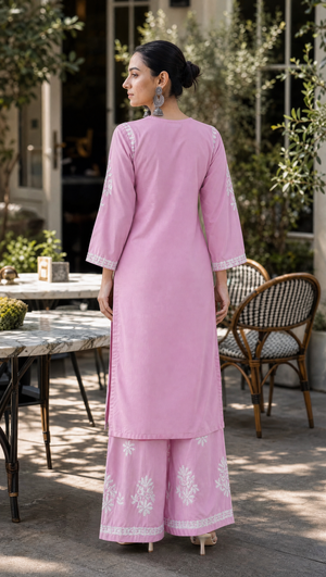 Baby pink rayon cotton embroidered palazzo with elasticated waistband