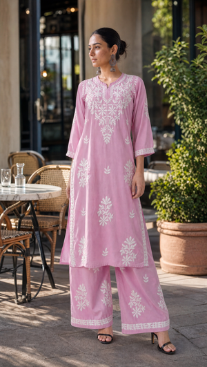 Baby pink rayon cotton chikankari kurta palazzo set for women front view