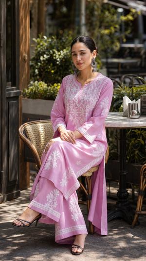 Baby pink rayon cotton kurta with chikankari embroidered yoke