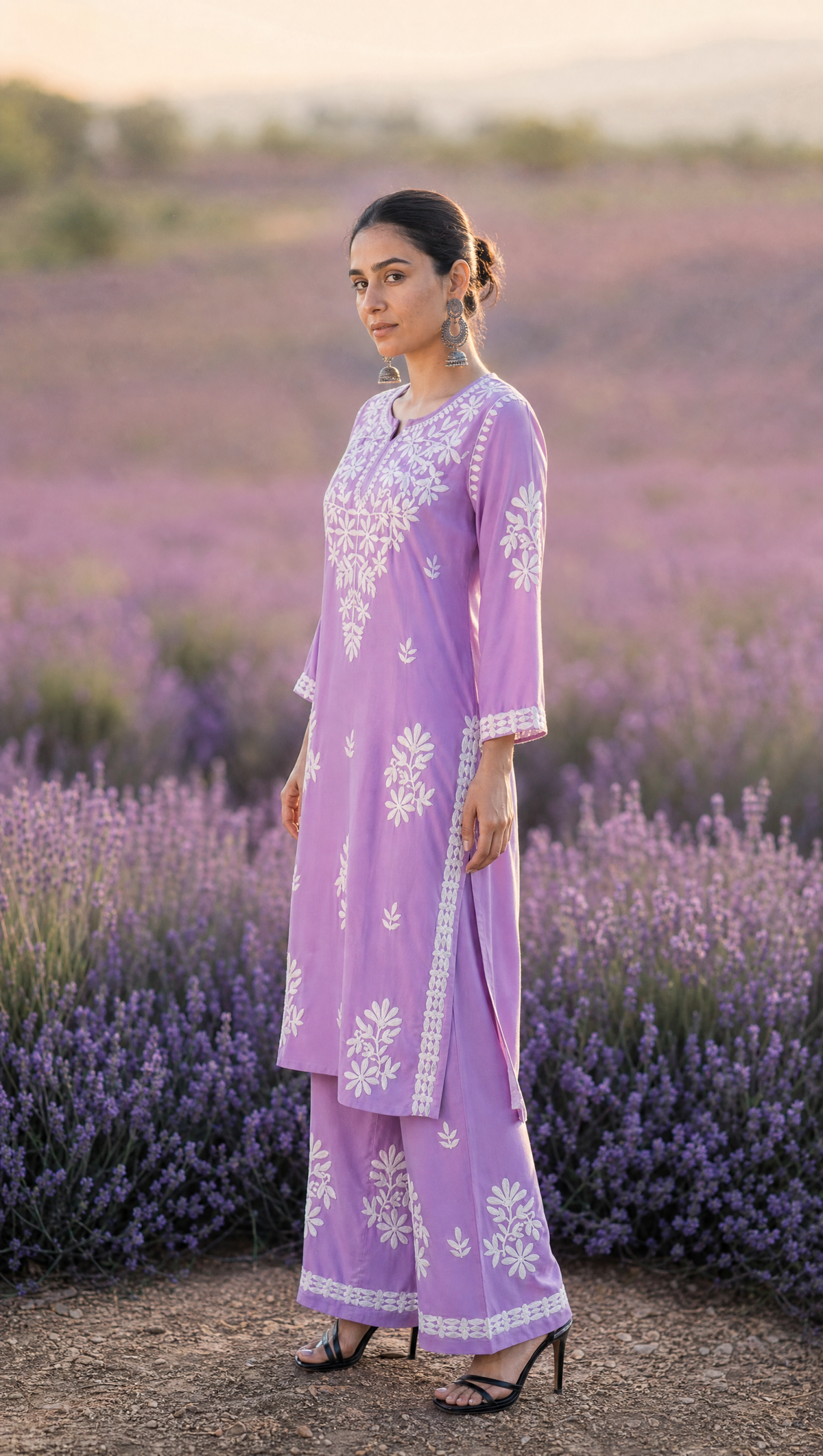 Purple chikankari kurta with 3/4 sleeves and embroidered border