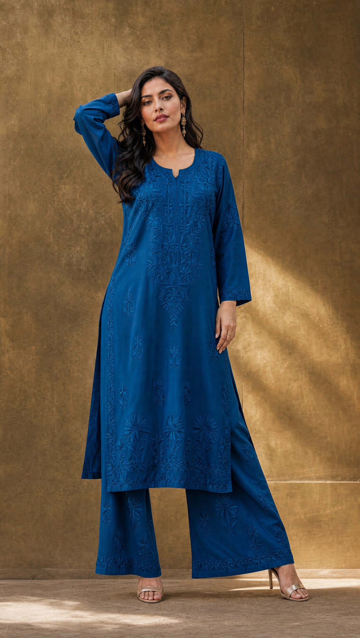 Royal blue rayon cotton chikankari kurta palazzo set for women front view