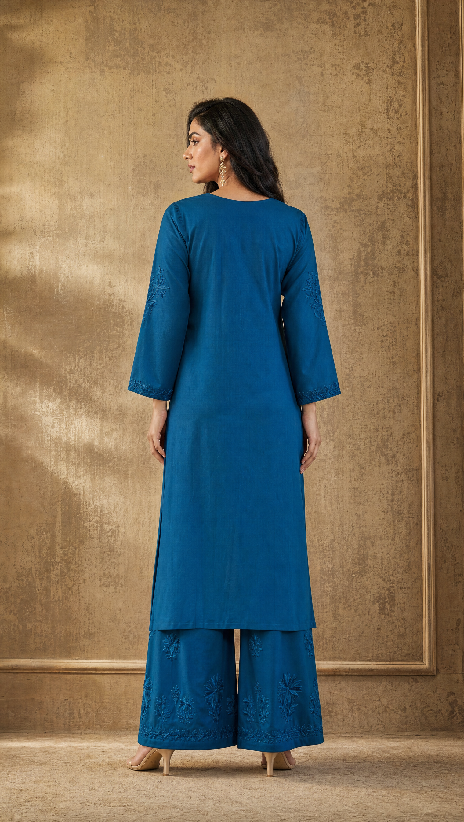 Royal blue rayon cotton embroidered palazzo with elasticated waistband