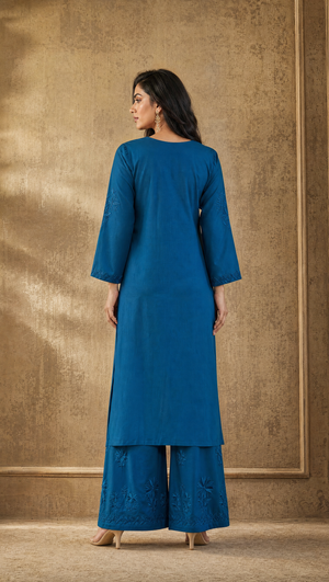 Royal blue rayon cotton embroidered palazzo with elasticated waistband