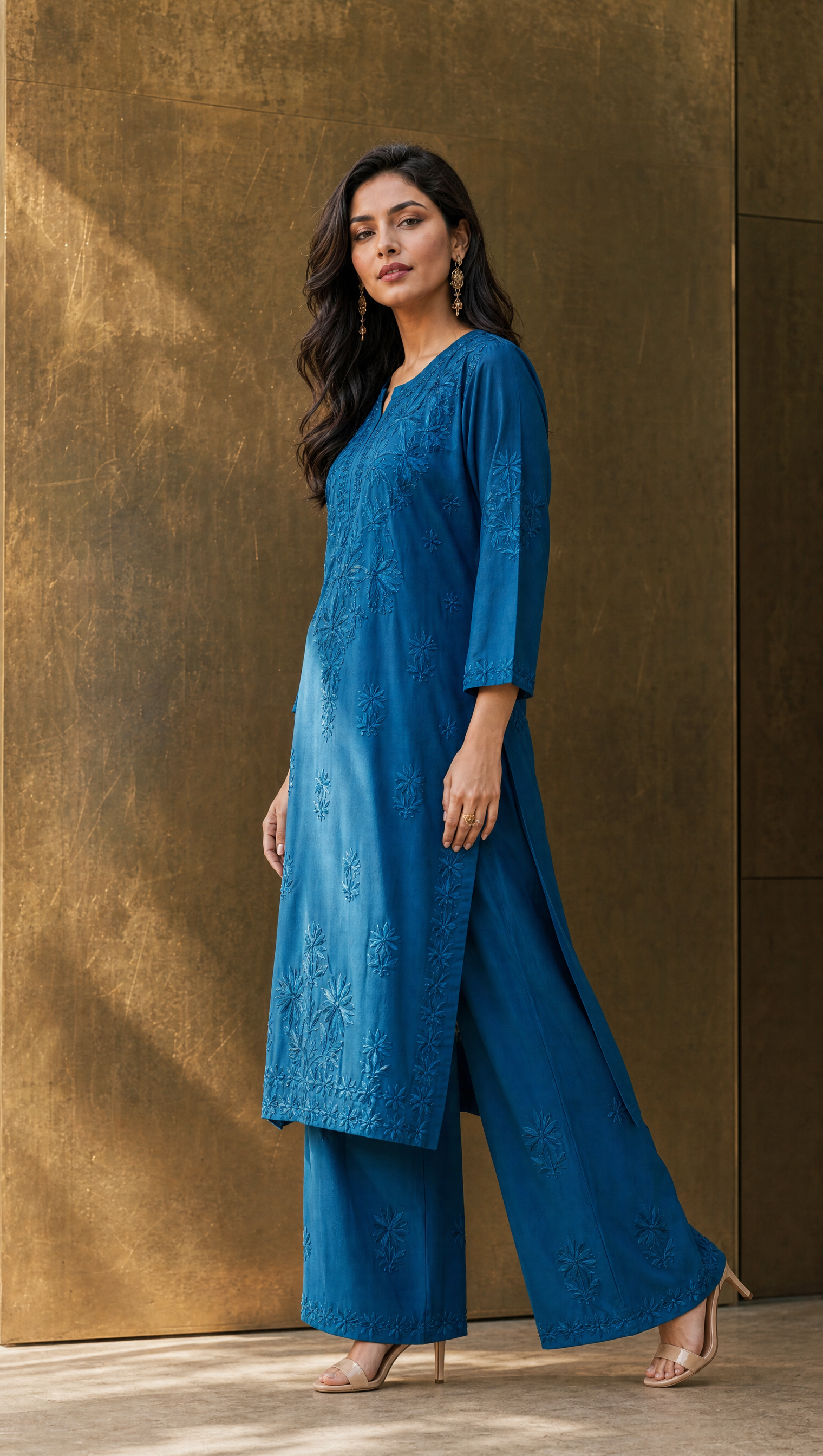 Royal blue chikankari kurta with floral embroidery and 3/4 sleeves