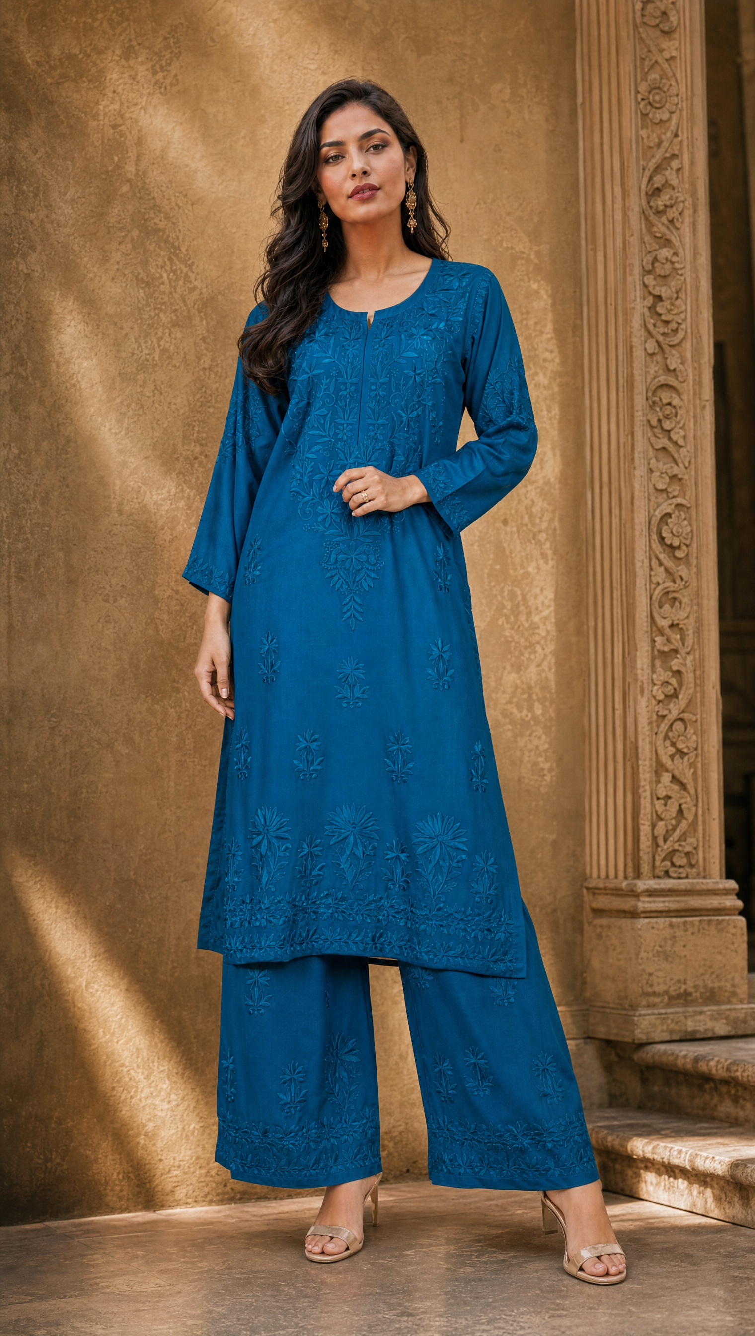 Royal blue rayon cotton kurta with chikankari embroidered yoke