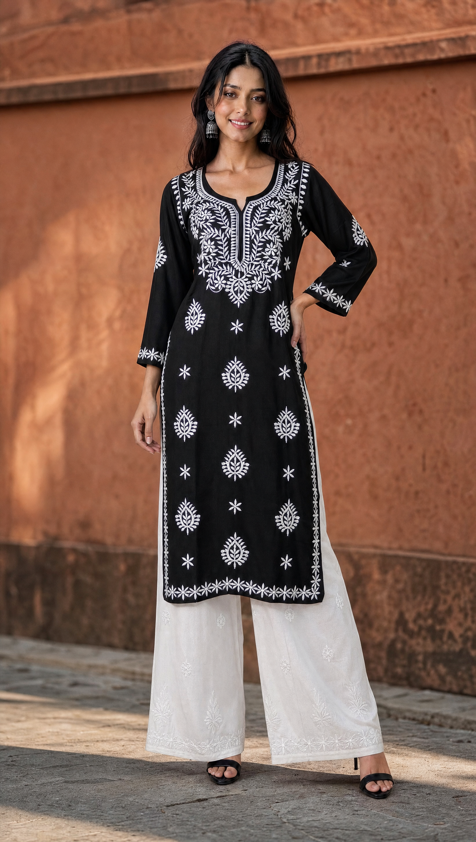 Black rayon cotton kurta with floral chikankari embroidered yoke
