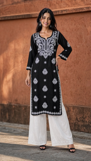 Black rayon cotton kurta with floral chikankari embroidered yoke