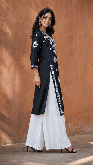 Black chikankari kurta with 3/4 sleeves and embroidered border
