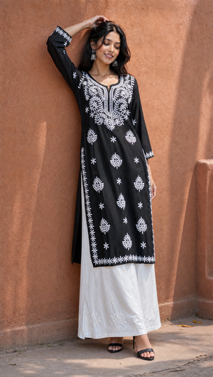  Black rayon cotton chikankari kurta with white palazzo set for women front view