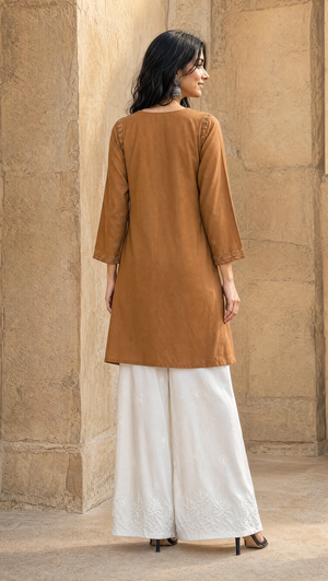 White rayon cotton embroidered palazzo paired with brown chikankari kurta
