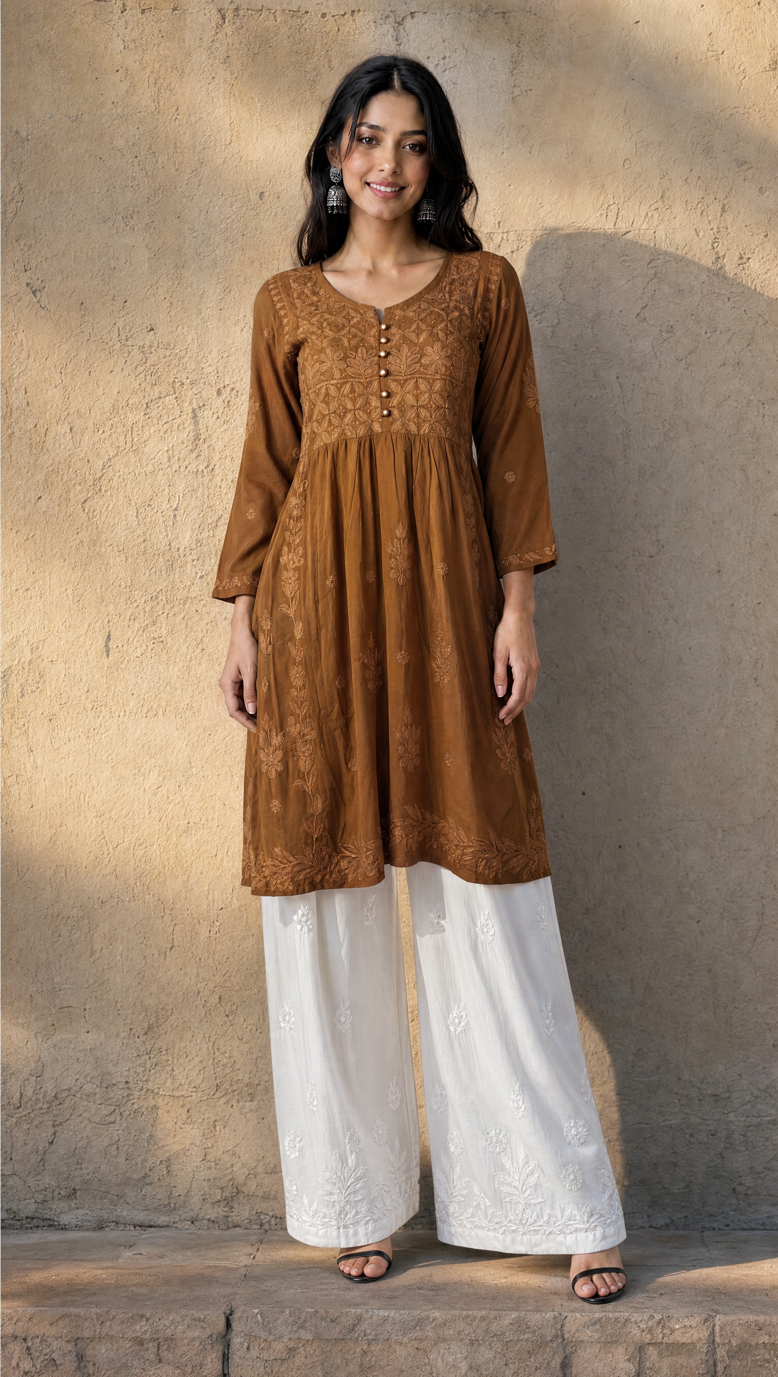 Brown rayon cotton A-line kurta with chikankari embroidered yoke