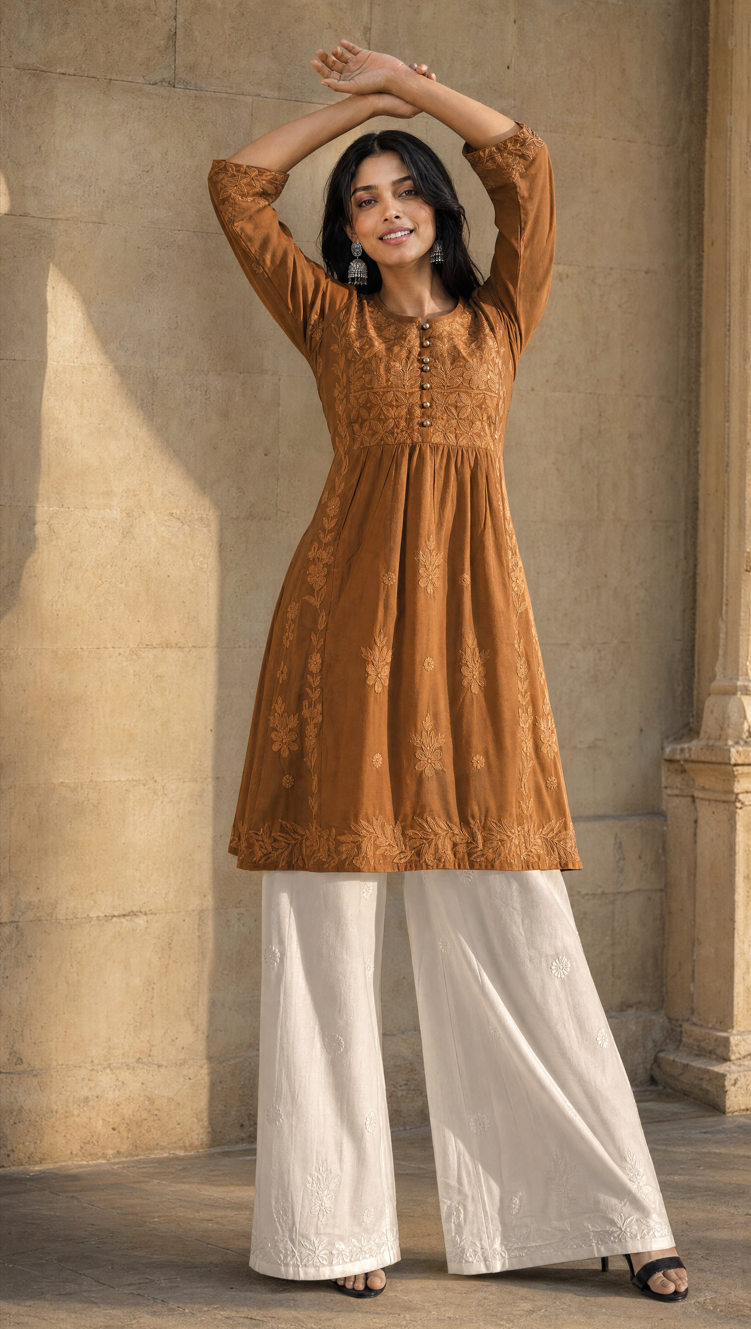 Brown Rayon Cotton Chikankari Kurta Palazzo Set for Women