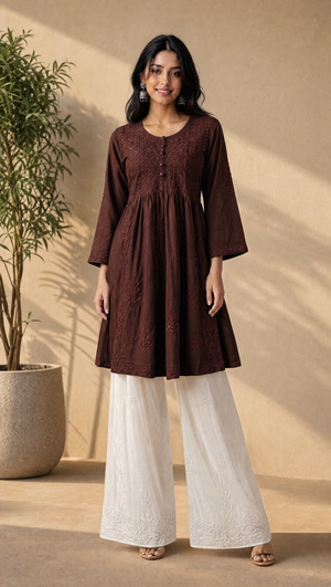 Chocolate rayon cotton chikankari kurta with white palazzo set for women front view