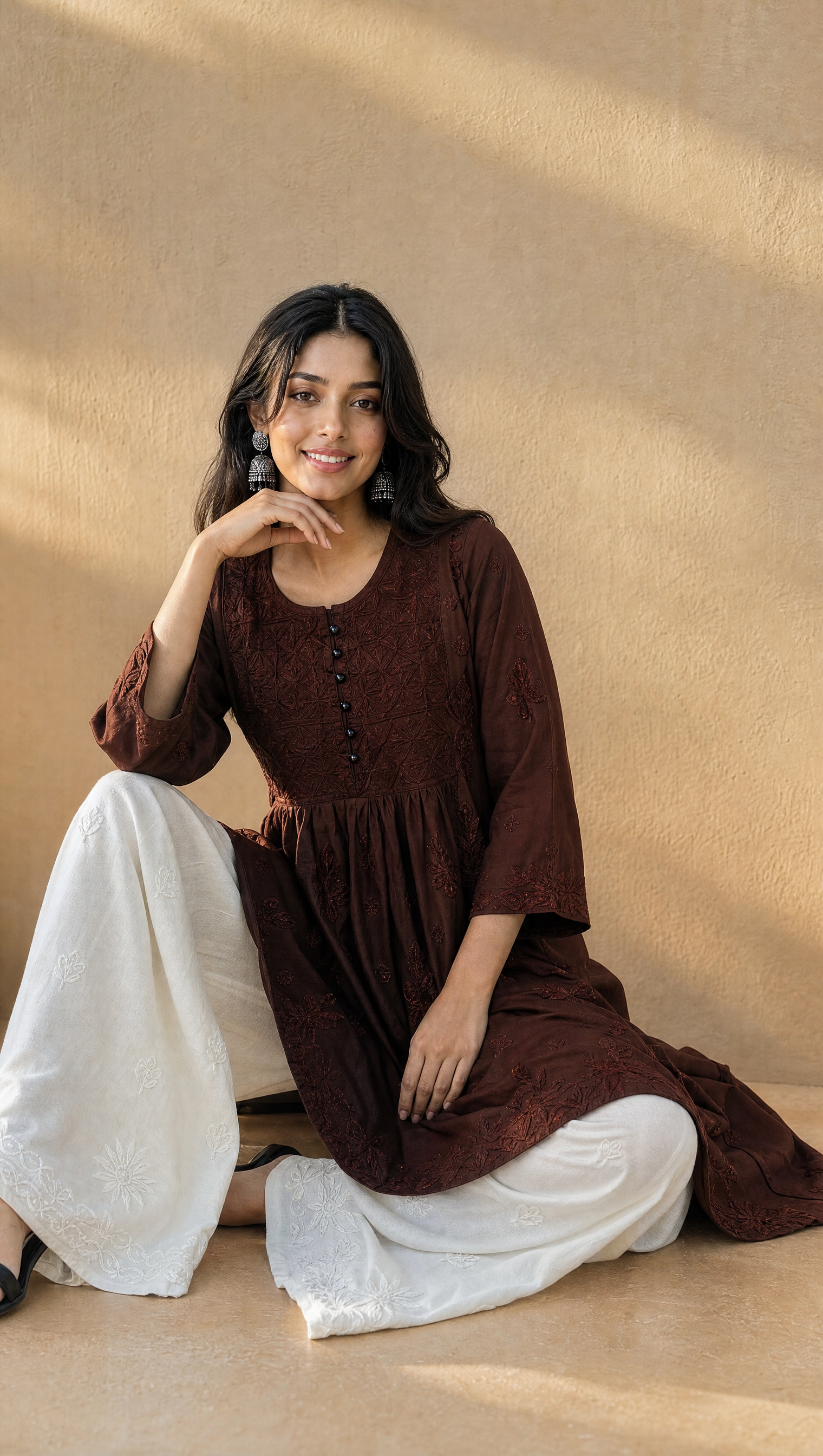 Chocolate chikankari kurta with 3/4 sleeves and floral embroidery