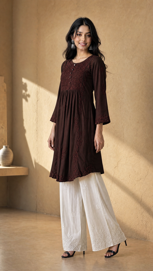 Chocolate rayon cotton A-line kurta with chikankari embroidered yoke